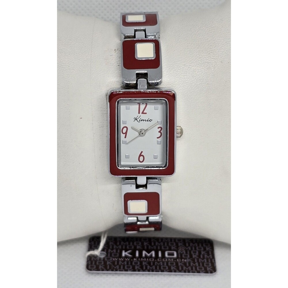 Women's Kimio Rectangle White Dial  Silver Red Tone Bracelet Band Watch 04